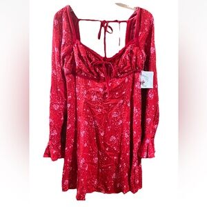 Free People Tess Floral Velvet Trim Mini Dress Red Pop M Boho Peasant Milkmaid